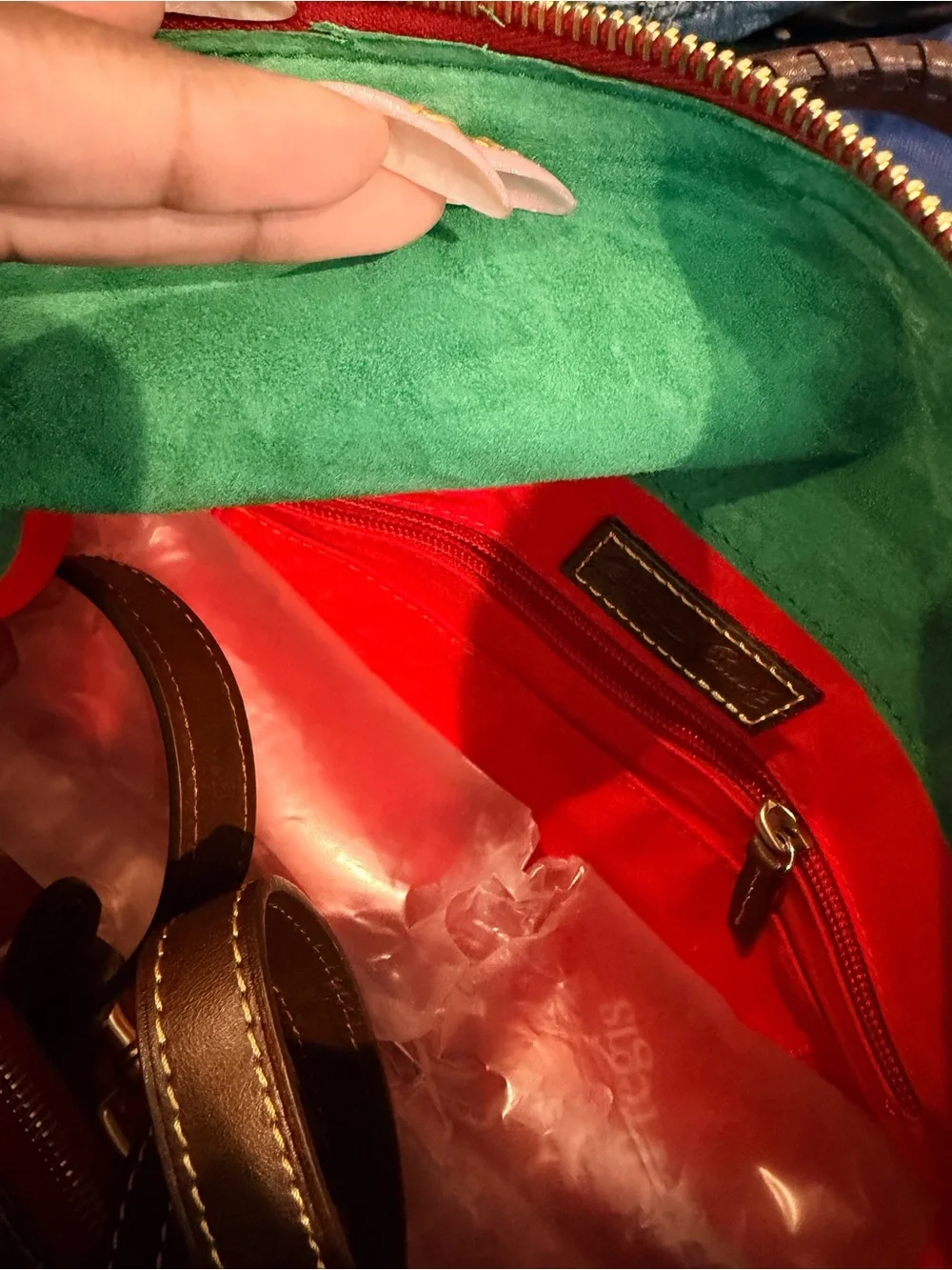 Dooney & Bourke Brown and Cream Snake-Print Satchel with Red Zip Accent